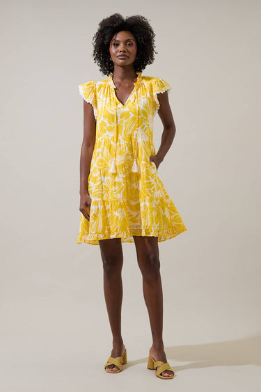 Joni Floral Yodi Shift Mini Dress in yellow with ruffle sleeves and tiered skirt, perfect for sunny days.