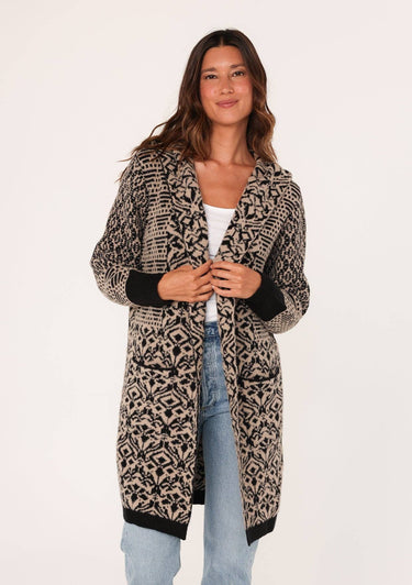 Patchwork Jacquard Open Front Hoodie Cardigan - Taupe/Black / S - Sweater Coat