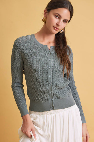 Pointelle 3/4 Sleeve Cardigan in gray front view