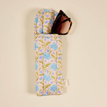 Puffy Sunglasses Case Poppin' Petals Aqua with sunglasses inside, featuring floral design and padded protection.