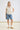 White collared V neck button down line lace detail shirt with blue denim shorts