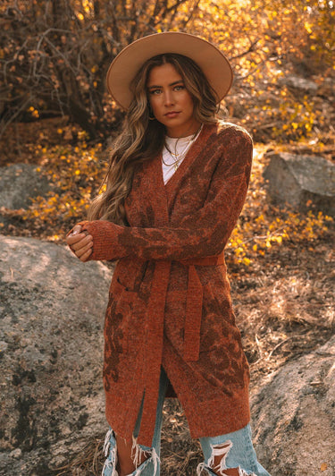 Metallic Floral Long Sleeve Belted Cardigan - M / Htr Rust/Bronze - Sweater Coat