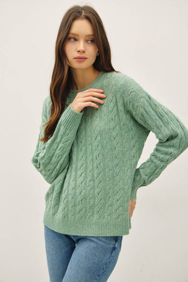 ULTRA SOFT CABLE KNIT CREWNECK SWEATER TOP - L / SAGE - Sweater