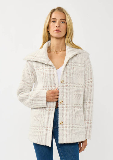 Plaid Button-Up Sweater Jacket - M / CREAM/TAUPE - Jacket