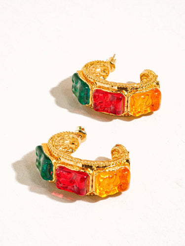 18K gold vintage gemstone hoop earrings