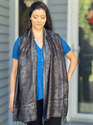 Black and Gray Modal Silk Jamawar Pashmina full-length view