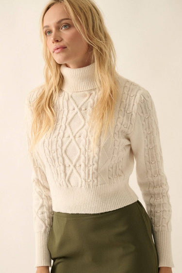 Solid Turtleneck Cable Knit Long Sleeve Sweater