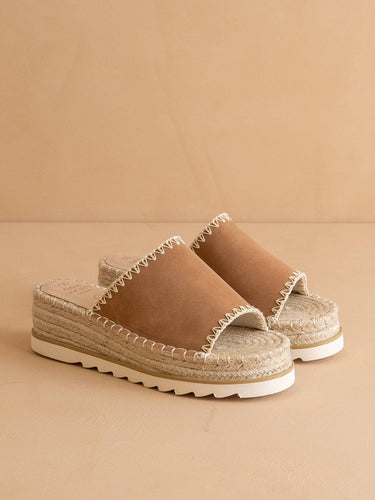 The Vista Camel Espadrille Platform Sandal featuring a stylish vegan leather upper and espadrille details.