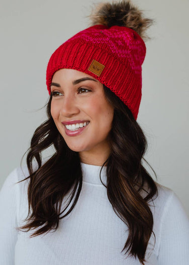 Red & Speckled Patterned Pom Hat