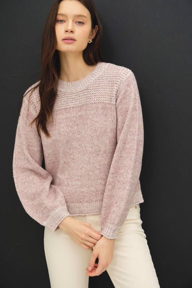 TEXTURED KNIT CREWNECK SWEATER WITH ROLLED HEM - S / MAUVE - Sweater
