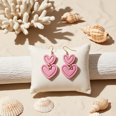 Double Heart Earrings in pink displayed with neutral decorative accessories