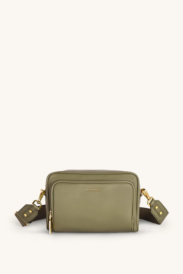 Mira & Moss Lucienne Crossbody Bag in olive green vegan leather with gold-tone hardware.