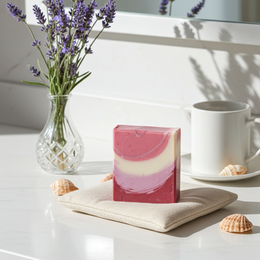 Red Feathers Organic Artisan Soap displayed with lavender flowers and seashells on a light countertop.