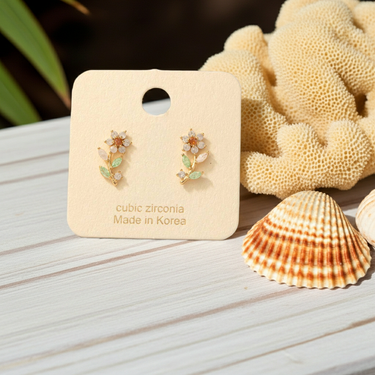 Gold Dipped Cz Flower Stud Earrings - G - Studs