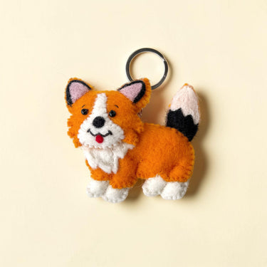 Handmade Corgi puppy dog felt wool keychain in orange, white and black
