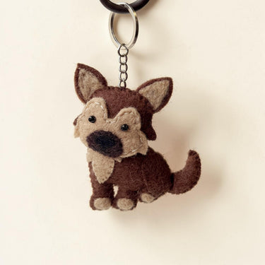 German Shepherd Puppy Dog Felt Wool Keychain in brown and tan