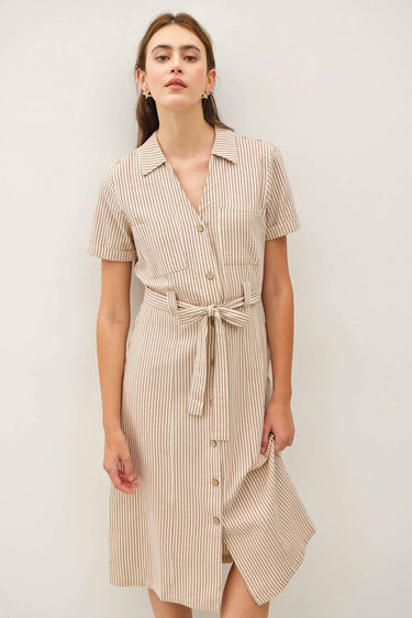 Striped Cotton Midi Dress with button-up front, utility style, collared design, and tie at waist.