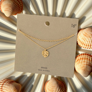 Metallic Monstera Pendant Double Chain Necklace