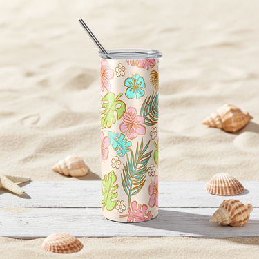 Summer Tumbler Beach Tumbler Tropical Tumbler with colorful tropical floral design on a beach background.