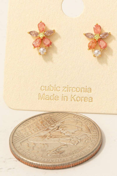 Gold Dipped Cz And Pearl Flower Stud Earrings - G - Studs