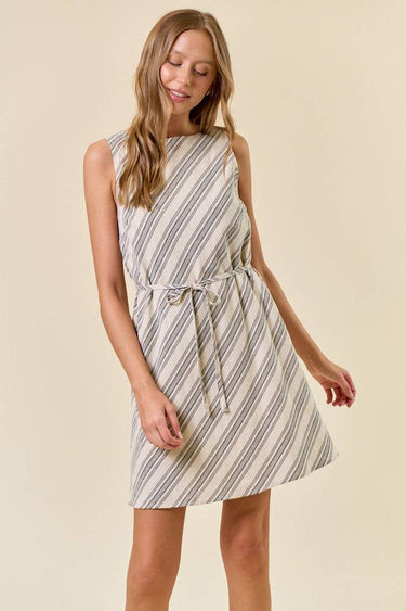 Striped Mini Dress with Self Strap Belt in beige side view