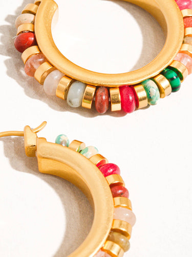 18K gold color beaded resort hoop earrings close-up