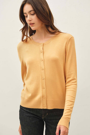 Model wearing yellow Ultra Soft Essential Basic Crewneck Button Up Cardigan