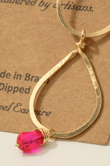 Hot Pink Gem Charm Double Teardrop Dangle Earrings - HOT PINK - Dangle
