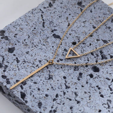 Gold Double Chain Necklace with Triangle and Bar