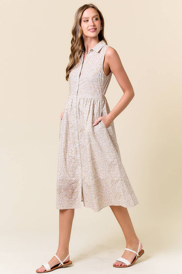 FLORAL PRINT SLEEVELESS MIDI SHIRT DRESS