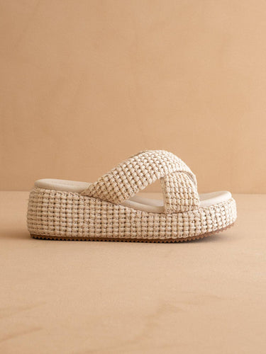 The Fresno Ivory Raffia Platform Sandal in a stylish basket weave design with a cushioned insole.