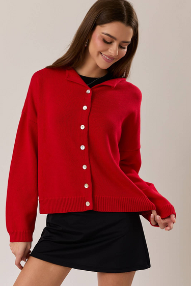 Front view of model wearing red Round Rolled Hemline Detail Thin Sweater Cardigan