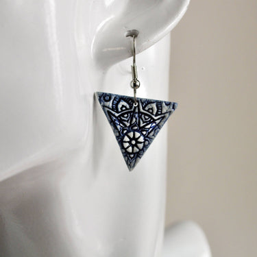 Earrings, Triangle, Blue Mandala, handmade USA boho