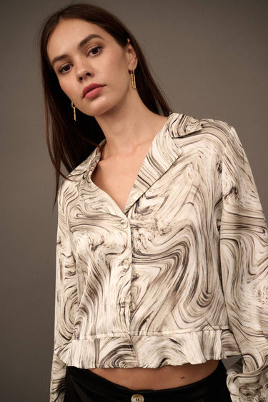 Abstract Swirl Collar Neck Flared Hem Blouse