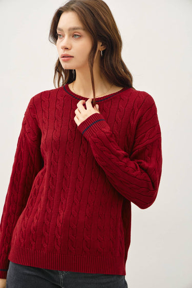 CHUNKY CABLE KNIT SWEATER WITH ACCENT DETAIL - L / Red - Sweater