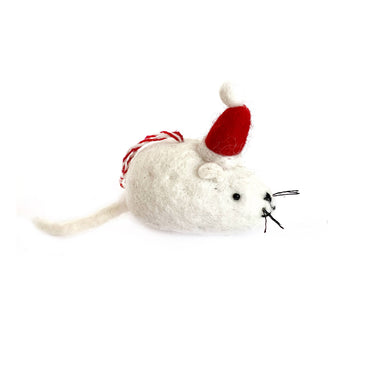 Mouse with Santa Hat Tufted Wool Christmas Ornament on white background