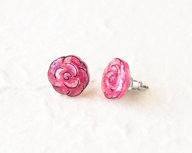 Pink Rose Flower Stud Earrings