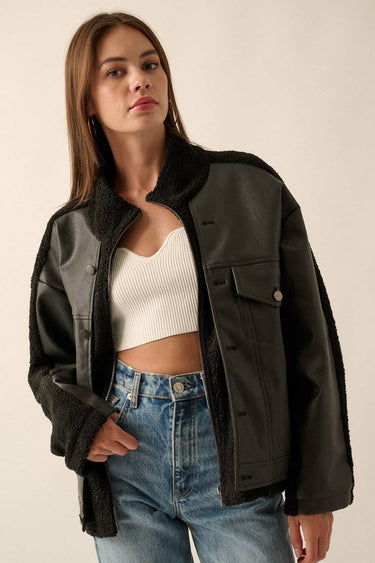 Faux Leather Contrast Fuzzy Zip Up Jacket