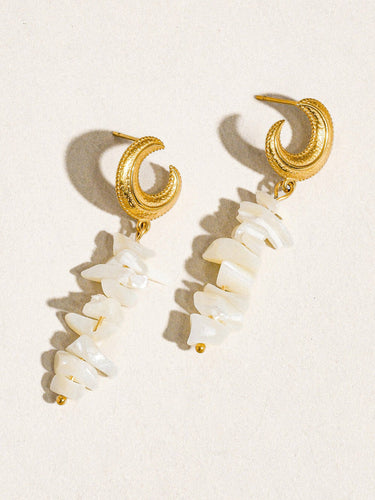 18K gold non-tarnish moon and shell earrings close-up