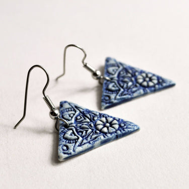 Earrings, Triangle, Blue Mandala, handmade USA boho