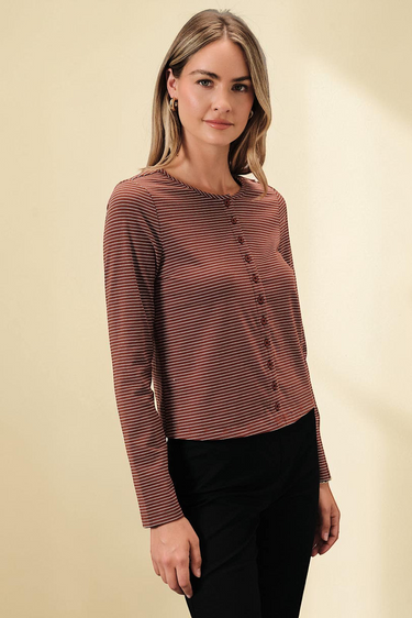 Striped Knit Cardigan long sleeve button-up front worn casually for a stylish everyday look.