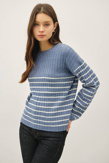 CHUNKY RIBBED STRIPE SWEATER TOP - S / Blue - Sweater Top