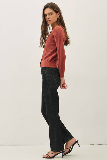 Pointelle Cropped Slim Cardigan in red side view