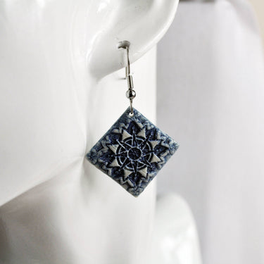 Earrings, Mandala Tile two, square blue handmade usa