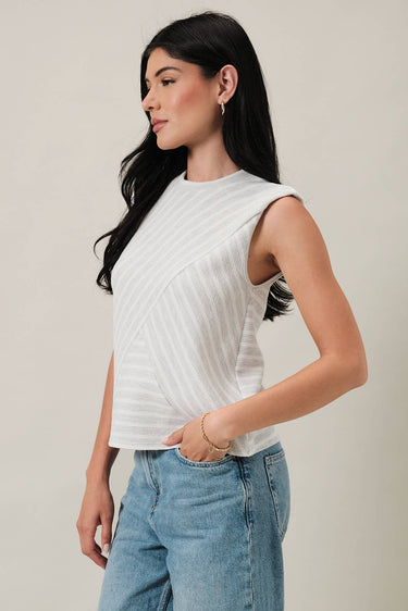 crew neck sleeveless diagonal panel stripe top angled front view