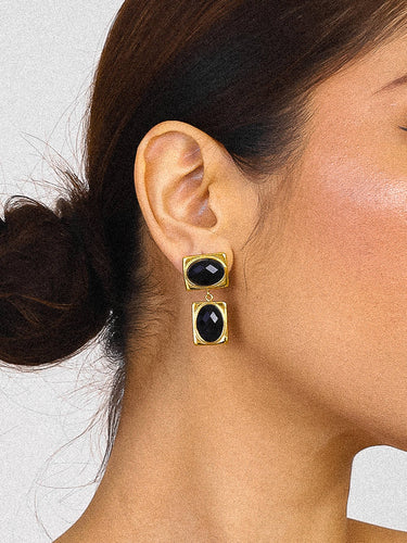 18K gold non-tarnish square stone earrings close-up