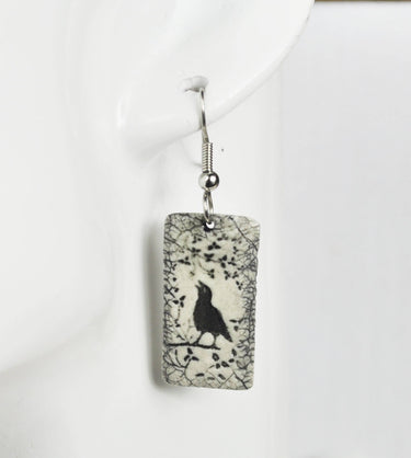 Earrings, Crow on a vine, bird, fired, handmade USA