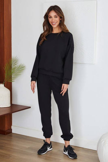 CUFFED PANTS & BOAT NECK COZY SWEATER SET (11087-35900) - Black / L - Sweatpants
