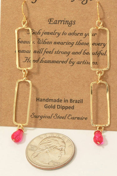 Hot Pink Gem Charm Double Rectangle Dangle Earrings - HOT PINK - Dangle