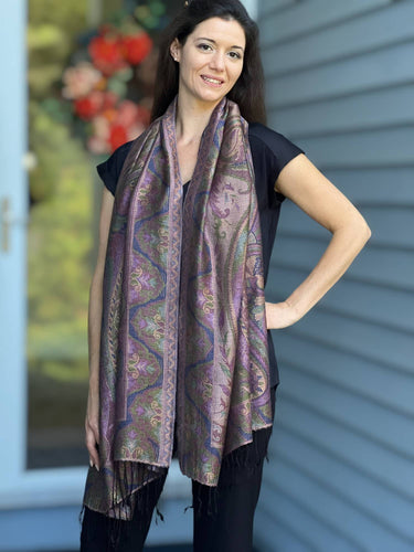 Purple and Green Modal Silk Jamawar Pashmina full-length view